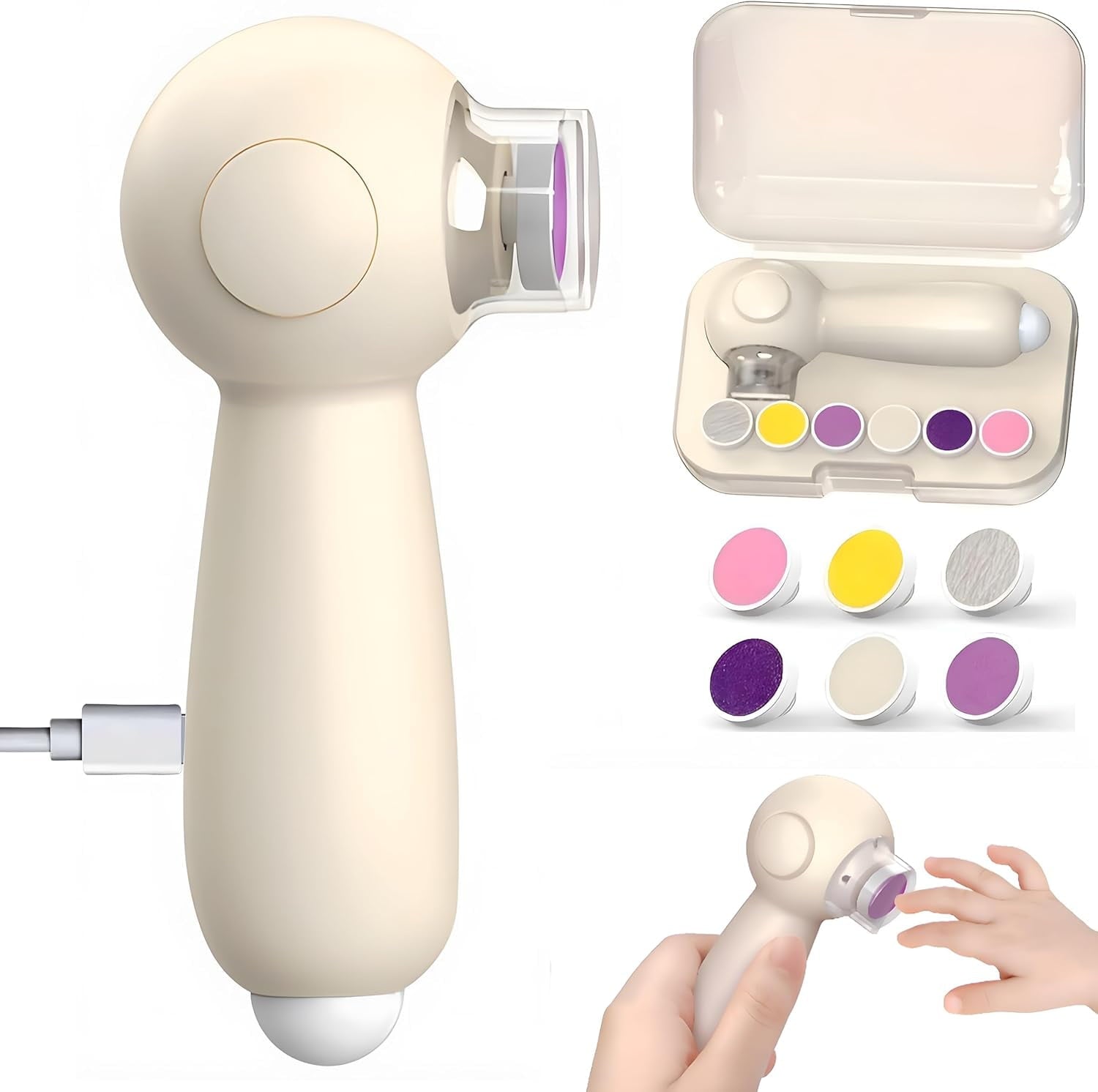 Baby Nail Trimmer Electric Nail File with Hidden Baby Nail Clippers Inside, Safe and Silent Baby Nail File Rechargeable, Nail Kit Set for Baby Nail Care with 6 Buffer Pads, Storage Case and Light