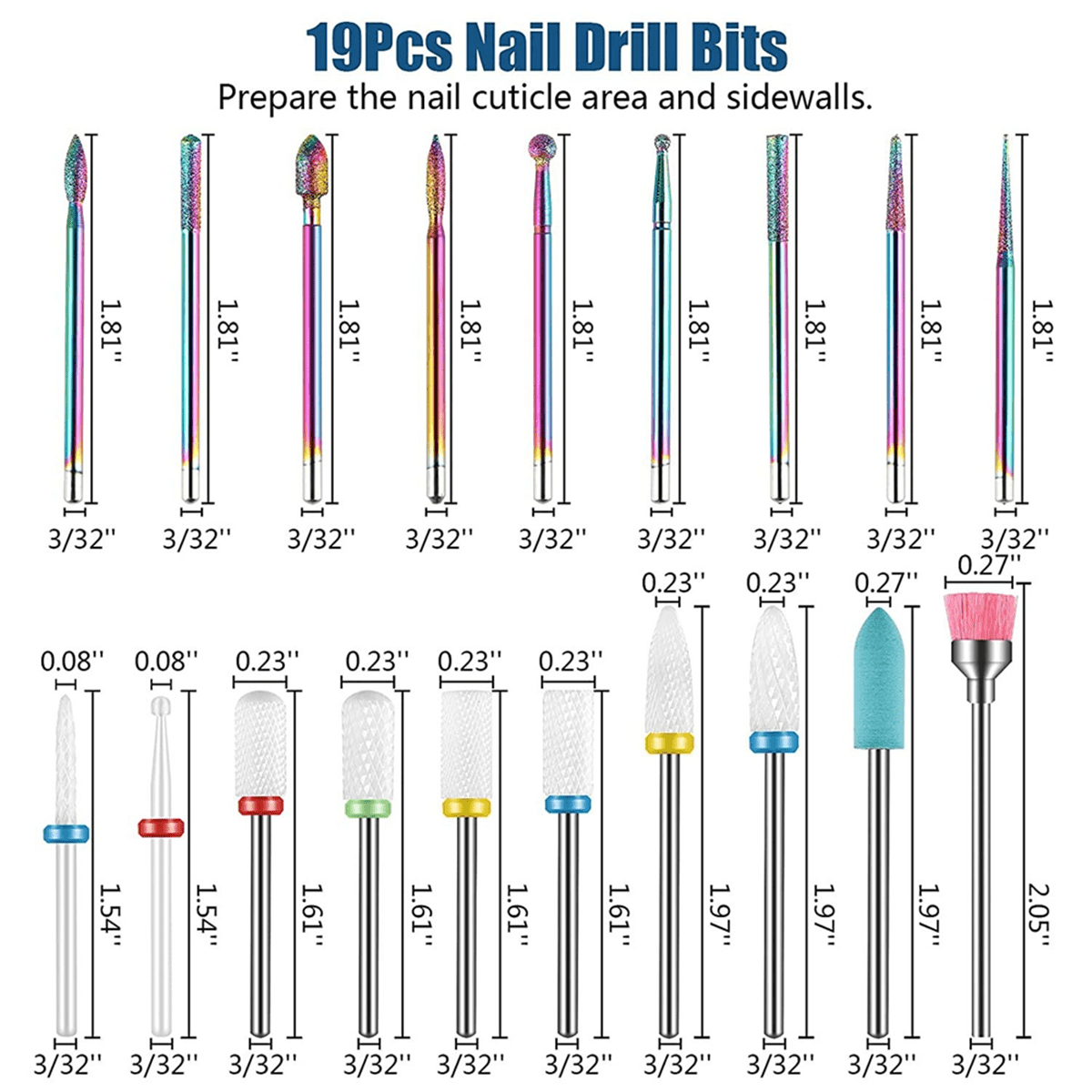 19pcs Nail Drill Bits Sets, 3/32 Inch Diamond Cuticle Electric Nail File and Ceramic Acrylic Gel Nail Bit Kit, Acrylic