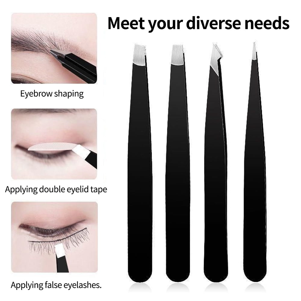 4-Pack Tweezers for Eyebrows, Facial Hair, Ingrown Hair Removal,  for Women and Men, Stainless Steel Precision Eyebrow Plucking Grooming with Case