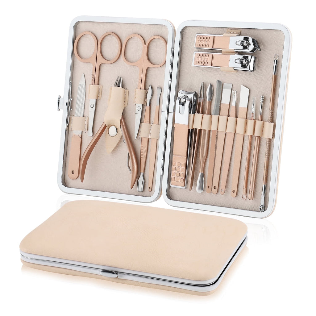Manicure Set Nail Clippers Pedicure Kit, Professional Stainless Steel Personal Grooming Kit, 18 in 1 Nail Care Tools with Luxurious Leather Travel Case for men and women