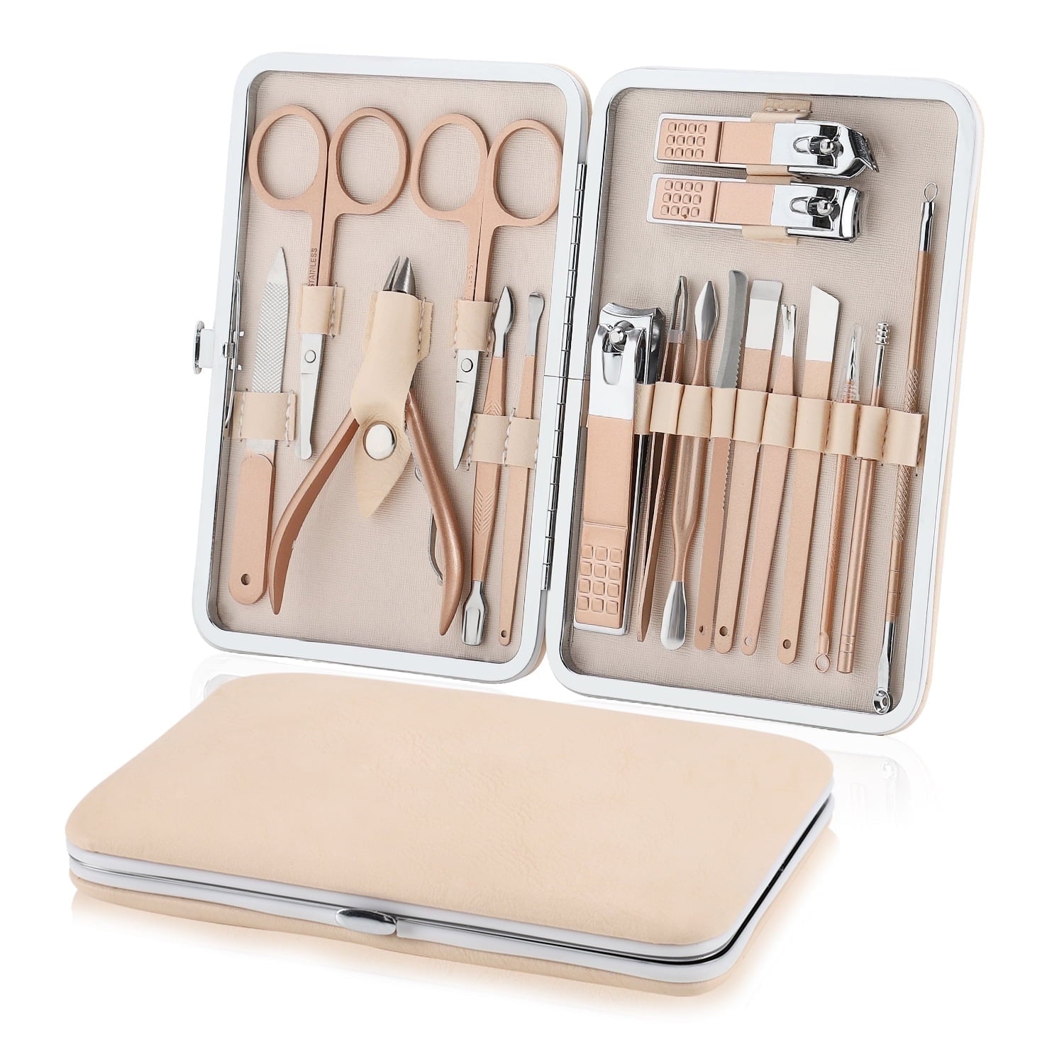 Manicure Set Nail Clippers Pedicure Kit, Professional Stainless Steel Personal Grooming Kit, 18 in 1 Nail Care Tools with Luxurious Leather Travel Case for men and women