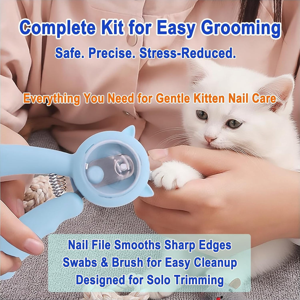Kitten Nail Clippers Set, 3mm Safety Hole Splash-Free Nail Trimmer for Tiny Paws, Stress-Free Grooming Kit with Nail File, Cleaning Brush, Cotton Swabs, Zipper Bag