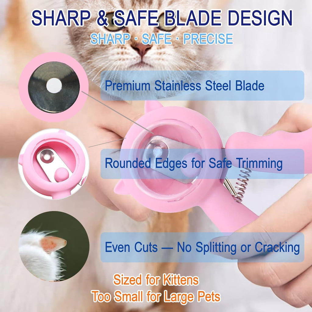 Kitten Nail Clippers Set, 3mm Safety Hole Splash-Free Nail Trimmer for Tiny Paws, Stress-Free Grooming Kit with Nail File, Cleaning Brush, Cotton Swabs, Zipper Bag