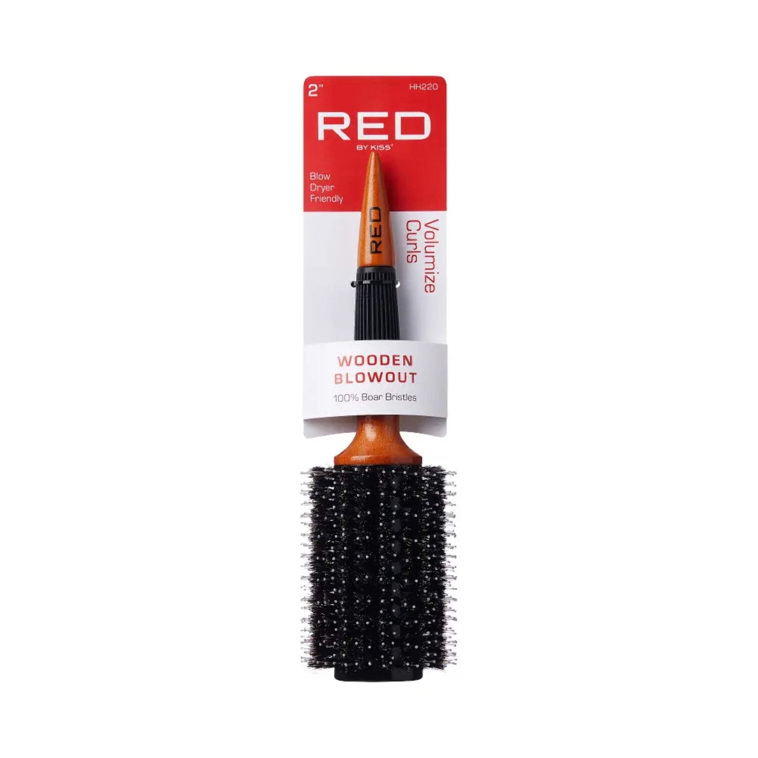 Red by Kiss Wooden Round Blowout Hairbrush, 100% Boar Bristles, Non-Slip Handle, Enhances Shine &amp; Reduces Frizz, Blow-Dryer Friendly (2 IN)