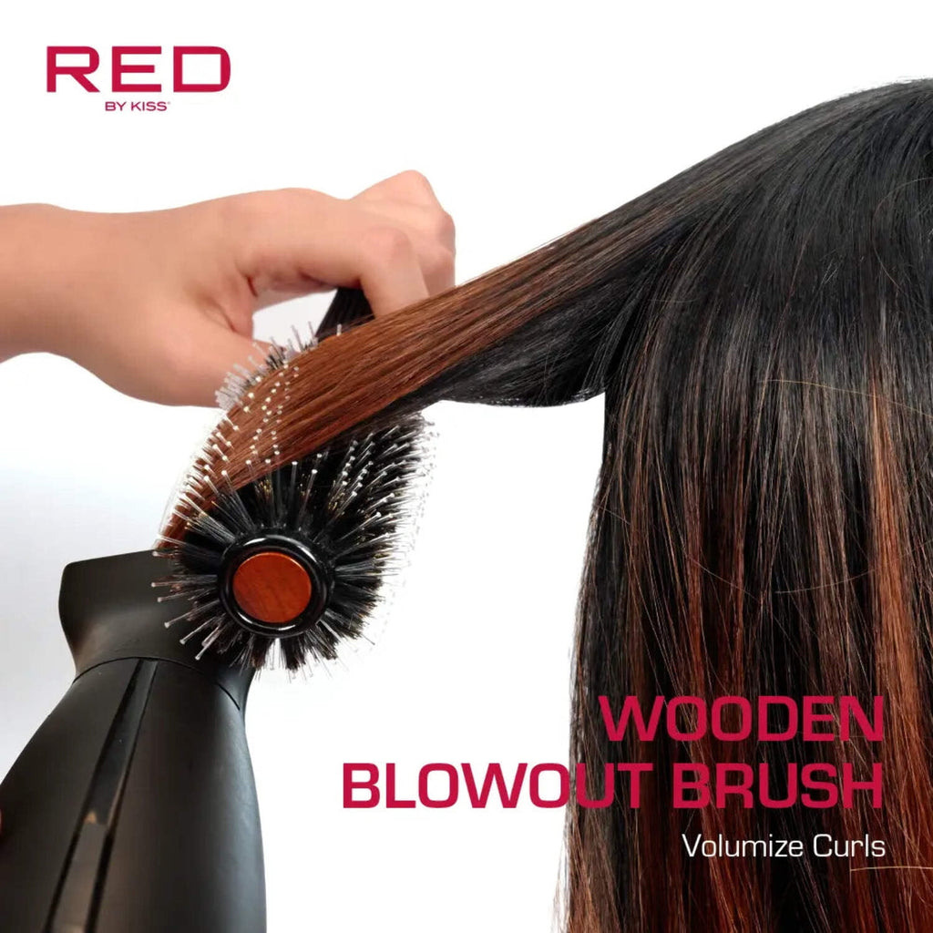 Red by Kiss Wooden Round Blowout Hairbrush, 100% Boar Bristles, Non-Slip Handle, Enhances Shine &amp; Reduces Frizz, Blow-Dryer Friendly (2 IN)