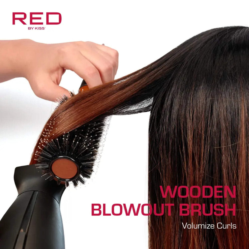 Red by Kiss Wooden Round Blowout Hairbrush, 100% Boar Bristles, Non-Slip Handle, Enhances Shine &amp; Reduces Frizz, Blow-Dryer Friendly (2 IN)