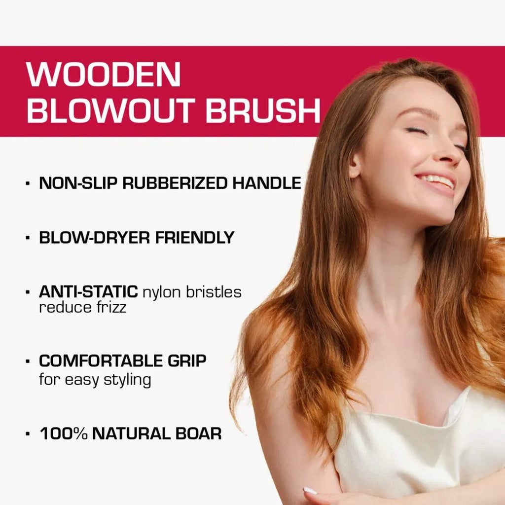 Red by Kiss Wooden Round Blowout Hairbrush, 100% Boar Bristles, Non-Slip Handle, Enhances Shine &amp; Reduces Frizz, Blow-Dryer Friendly (2 IN)