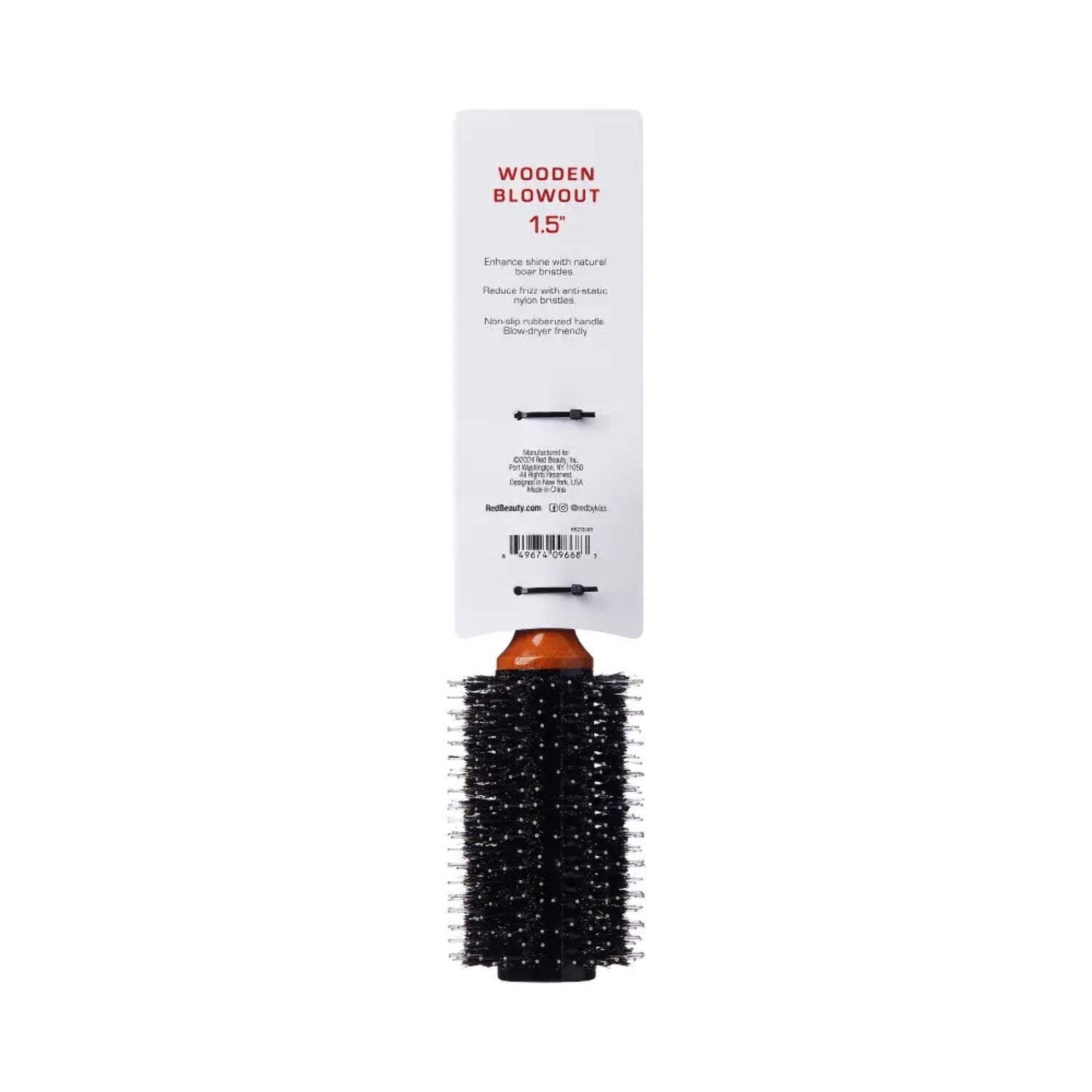 Red by Kiss Wooden Round Blowout Hairbrush, 100% Boar Bristles, Non-Slip Handle, Enhances Shine &amp; Reduces Frizz, Blow-Dryer Friendly (2 IN)