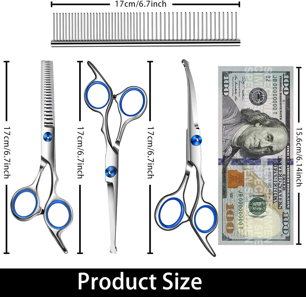 with Safety Round Tip,Pet  Kit, Shears for ,Incude Thinning,Curved  and Comb for dogs, cats.Suitable for The Right Hand