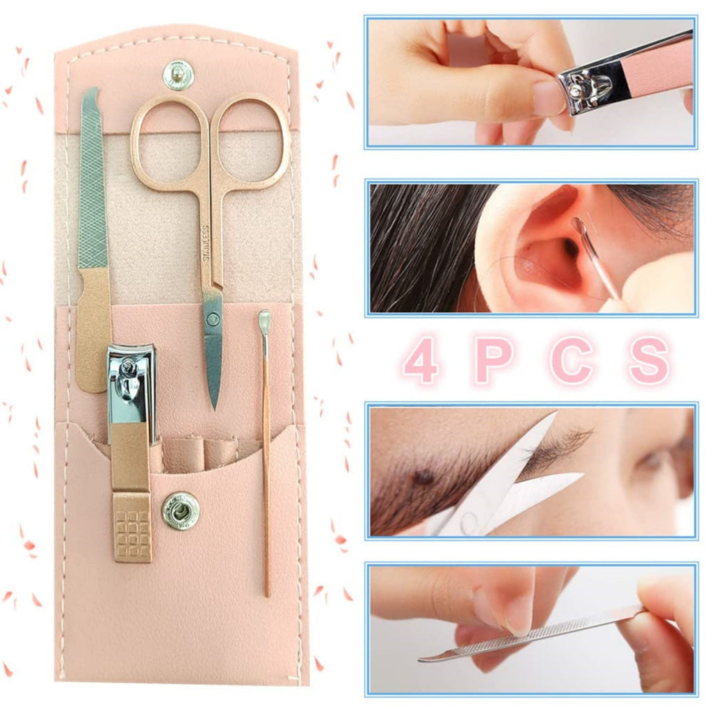 Manicure Set, Professional Women Nail Clippers Kit 4PCS， Stainless Steel Nail Cutter Care Tools Professional Grooming Kits, PU Leather Travel Case
