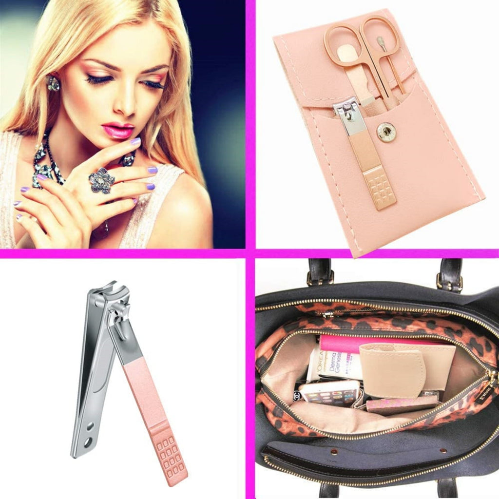 Manicure Set, Professional Women Nail Clippers Kit 4PCS， Stainless Steel Nail Cutter Care Tools Professional Grooming Kits, PU Leather Travel Case