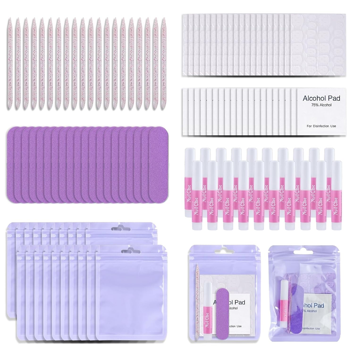 DAR  Press On Nail Tool Kit with Everything, Nail Prep Tool Disposable Manicure Kit with Nail File, Nail Glue, Prep Pads, Adhesive Nail Tabs,Wood Stick, Packaging Ba (20pcs-purple)