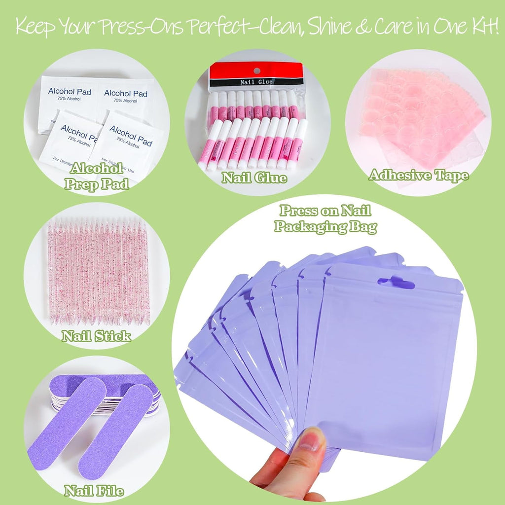 DAR  Press On Nail Tool Kit with Everything, Nail Prep Tool Disposable Manicure Kit with Nail File, Nail Glue, Prep Pads, Adhesive Nail Tabs,Wood Stick, Packaging Ba (20pcs-purple)