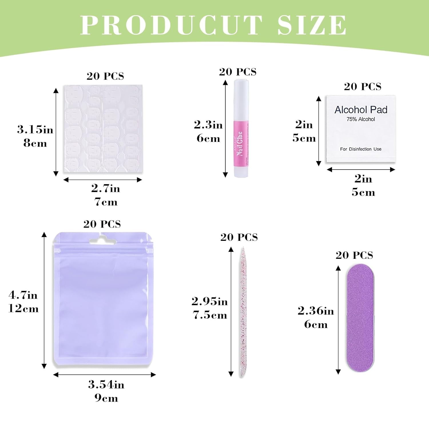 DAR  Press On Nail Tool Kit with Everything, Nail Prep Tool Disposable Manicure Kit with Nail File, Nail Glue, Prep Pads, Adhesive Nail Tabs,Wood Stick, Packaging Ba (20pcs-purple)