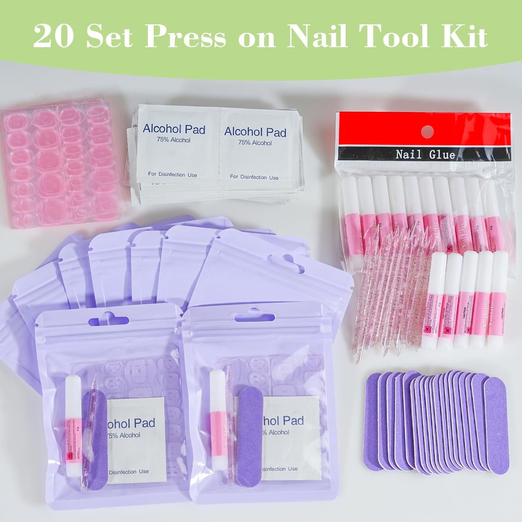 DAR  Press On Nail Tool Kit with Everything, Nail Prep Tool Disposable Manicure Kit with Nail File, Nail Glue, Prep Pads, Adhesive Nail Tabs,Wood Stick, Packaging Ba (20pcs-purple)