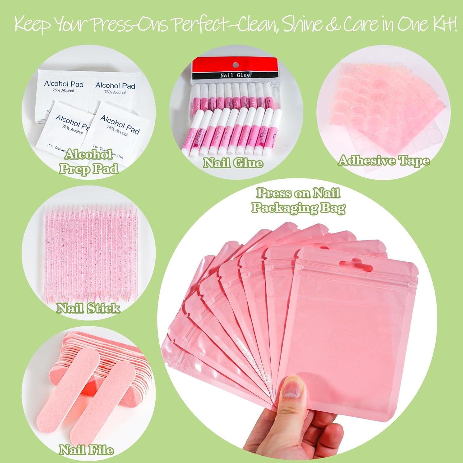 DAR  Press On Nail Tool Kit with Everything, Nail Prep Tool Disposable Manicure Kit with Nail File, Nail Glue, Prep Pads, Adhesive Nail Tabs,Wood Stick, Packaging Ba (20pcs-purple)