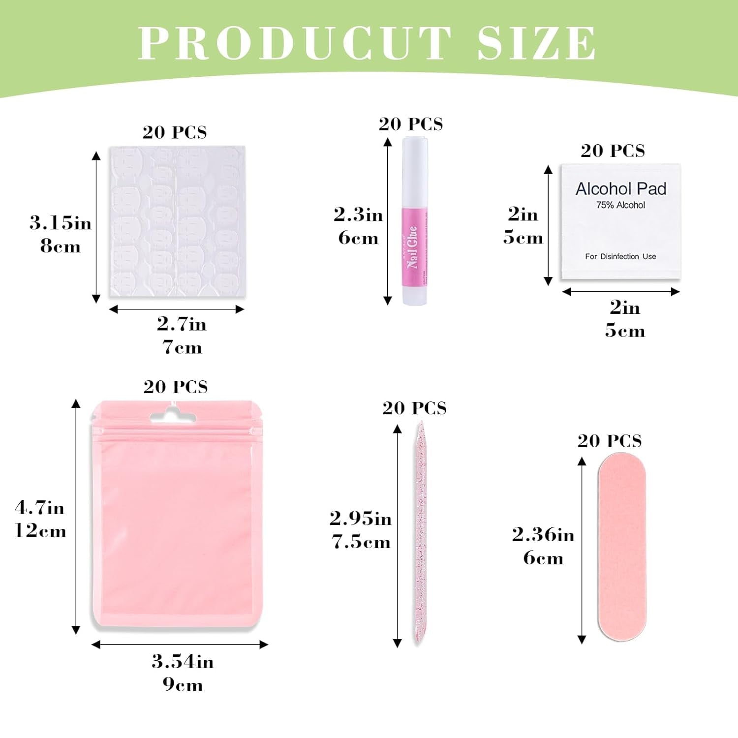 DAR  Press On Nail Tool Kit with Everything, Nail Prep Tool Disposable Manicure Kit with Nail File, Nail Glue, Prep Pads, Adhesive Nail Tabs,Wood Stick, Packaging Ba (20pcs-purple)