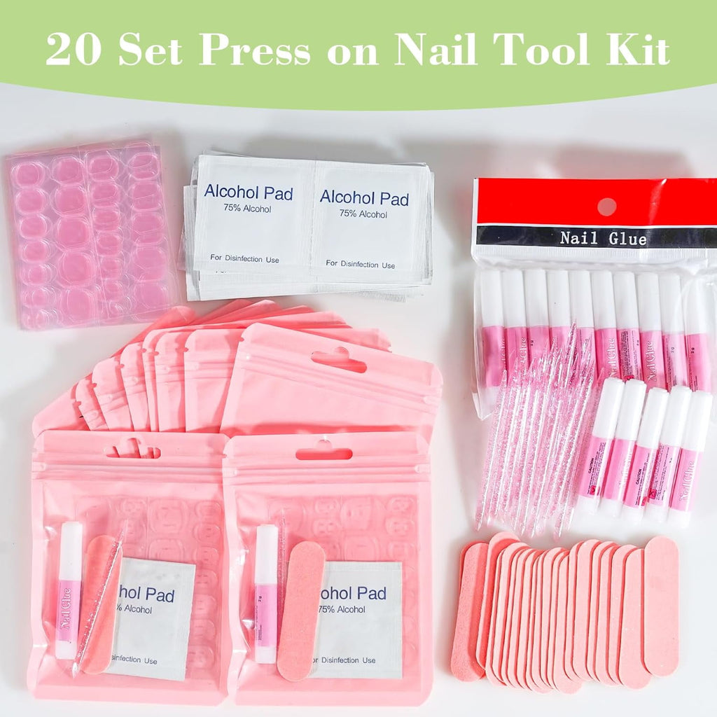 DAR  Press On Nail Tool Kit with Everything, Nail Prep Tool Disposable Manicure Kit with Nail File, Nail Glue, Prep Pads, Adhesive Nail Tabs,Wood Stick, Packaging Ba (20pcs-purple)