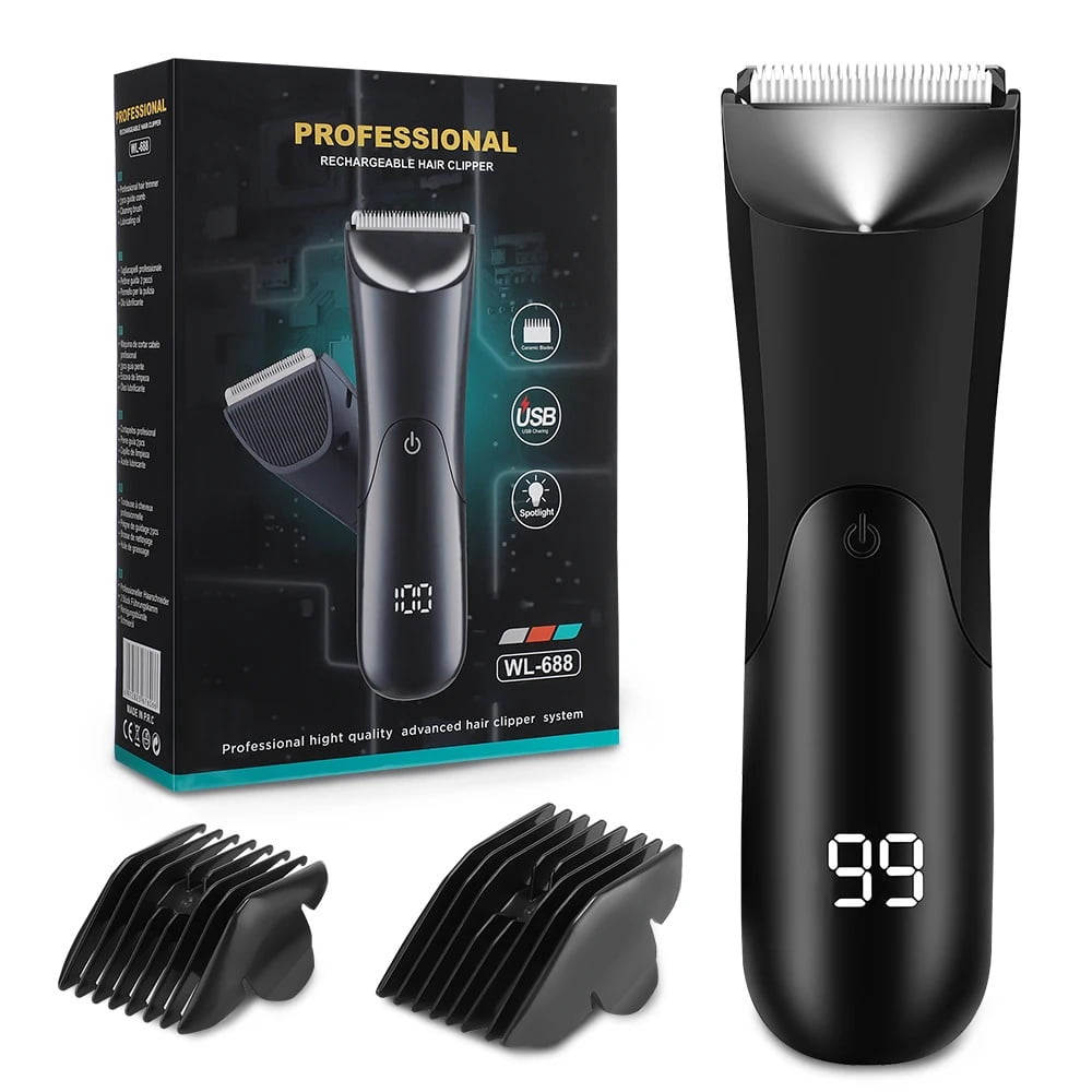 Professional Men's Body Hair Trimmer Kit, LED Digital Display Waterproof Rechargeable Electric Razor for Nose Ear Face Beard Private Parts, Cordless Grooming Tool with Ceramic Blade Type-C Charging