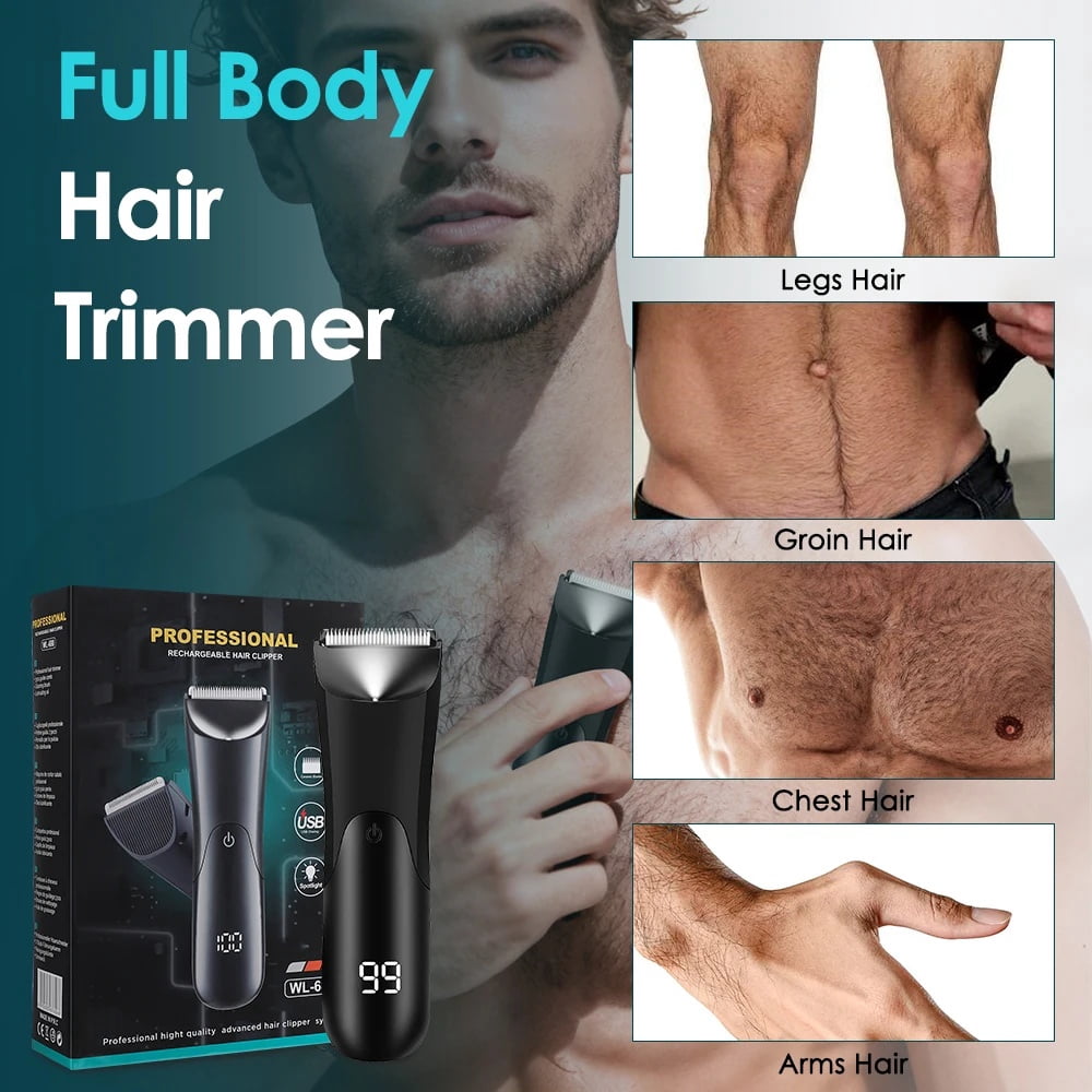 Professional Men's Body Hair Trimmer Kit, LED Digital Display Waterproof Rechargeable Electric Razor for Nose Ear Face Beard Private Parts, Cordless Grooming Tool with Ceramic Blade Type-C Charging