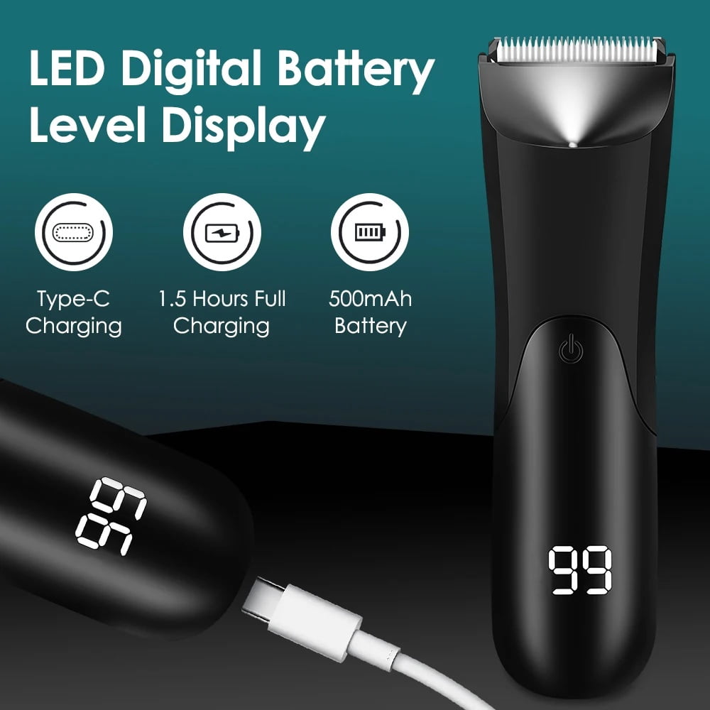 Professional Men's Body Hair Trimmer Kit, LED Digital Display Waterproof Rechargeable Electric Razor for Nose Ear Face Beard Private Parts, Cordless Grooming Tool with Ceramic Blade Type-C Charging