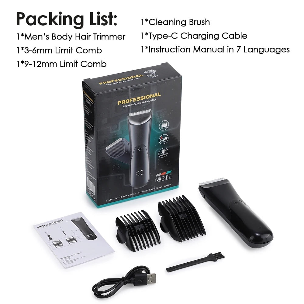 Professional Men's Body Hair Trimmer Kit, LED Digital Display Waterproof Rechargeable Electric Razor for Nose Ear Face Beard Private Parts, Cordless Grooming Tool with Ceramic Blade Type-C Charging