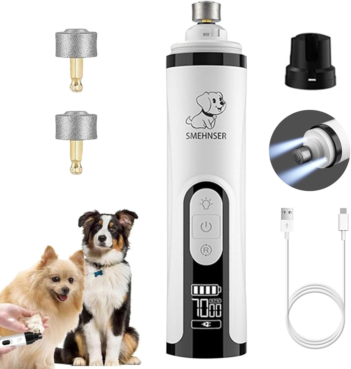 Nail Grinder - 3-Speed Powerful Electric Pet Nail Trimmer,Nail Grinder with 2 LED Light,2000mAh USB Rechargeable &amp; 2 Grinding Wheels