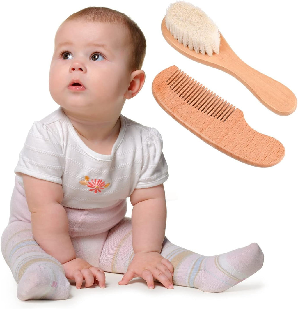 2pcs Baby Natural Wooden Handle Hair Brush and Comb Set Baby Bath Massage Beech Wool Brush Massage Brush