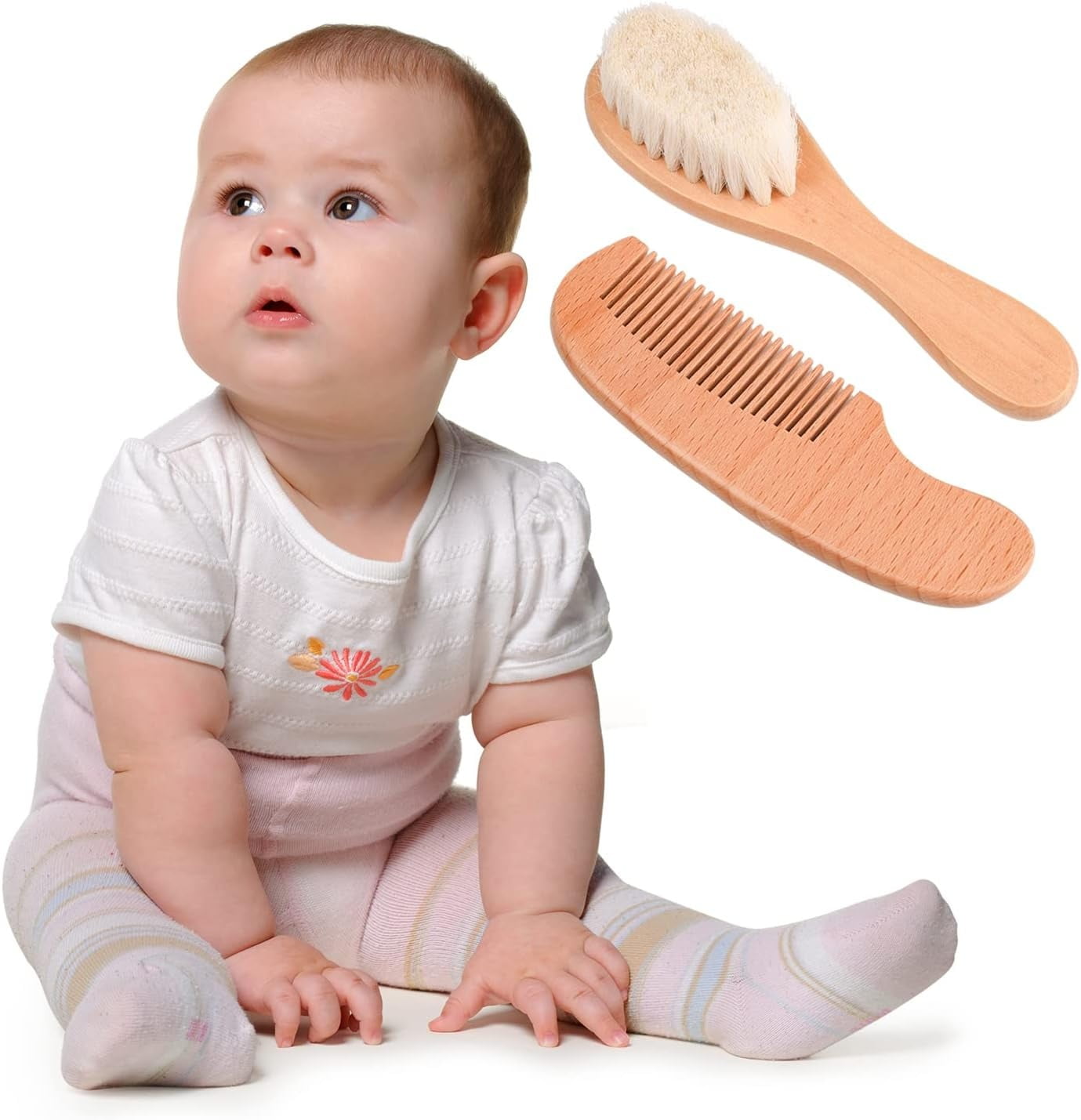 2pcs Baby Natural Wooden Handle Hair Brush and Comb Set Baby Bath Massage Beech Wool Brush Massage Brush