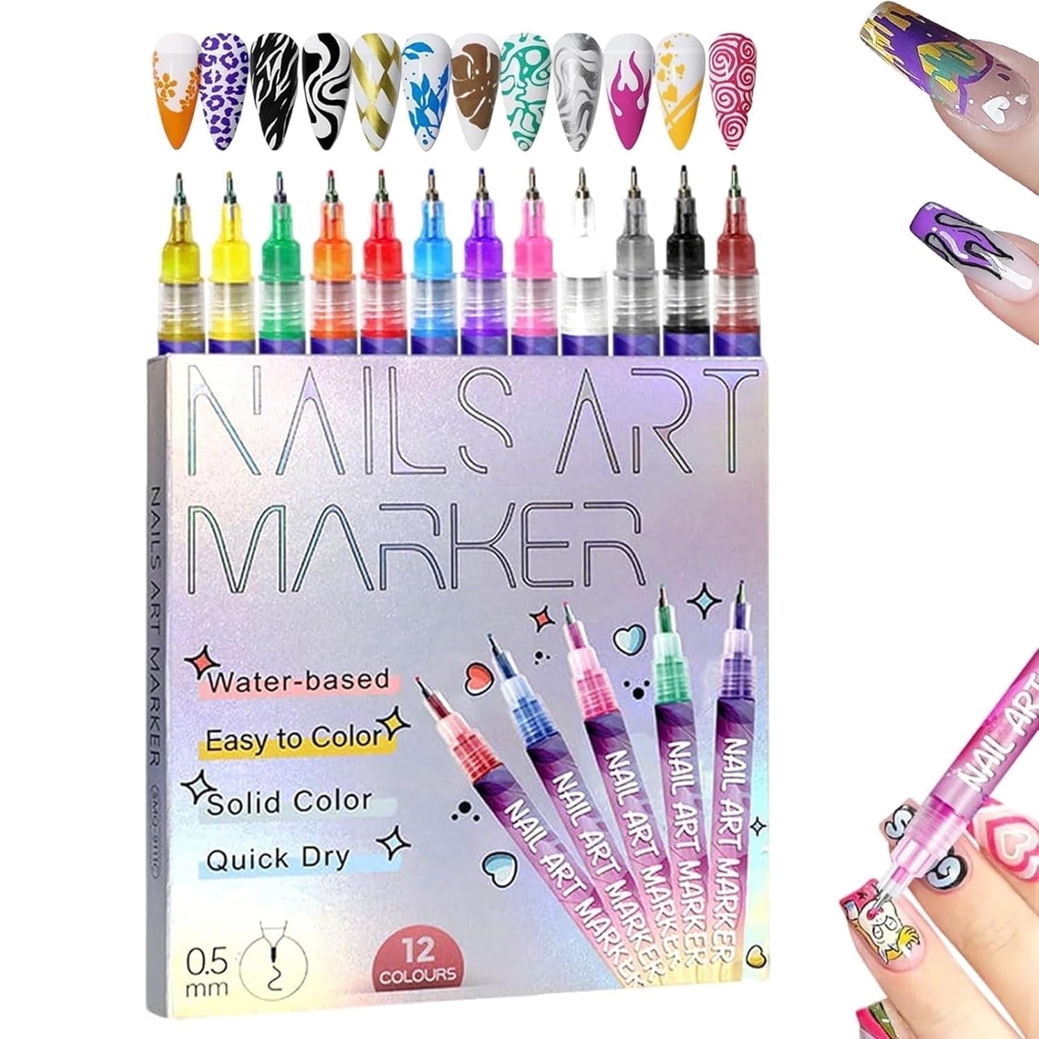 12 Colors Nail Art Pens Set, DIY Quick-Dry Graffiti Dotting Liner Pens, Nail Doodle Markers for Manicure, Fine-Tip Design Tools for Home &amp; Salon