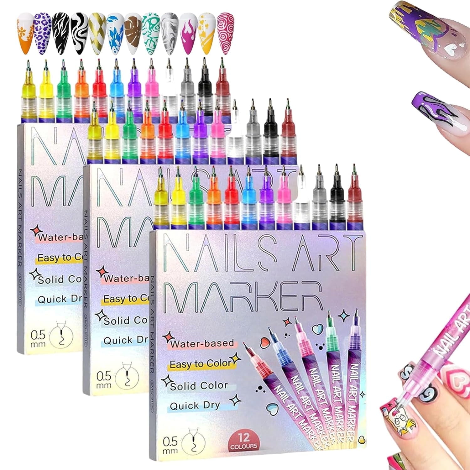 12 Colors Nail Art Pens Set, DIY Quick-Dry Graffiti Dotting Liner Pens, Nail Doodle Markers for Manicure, Fine-Tip Design Tools for Home &amp; Salon