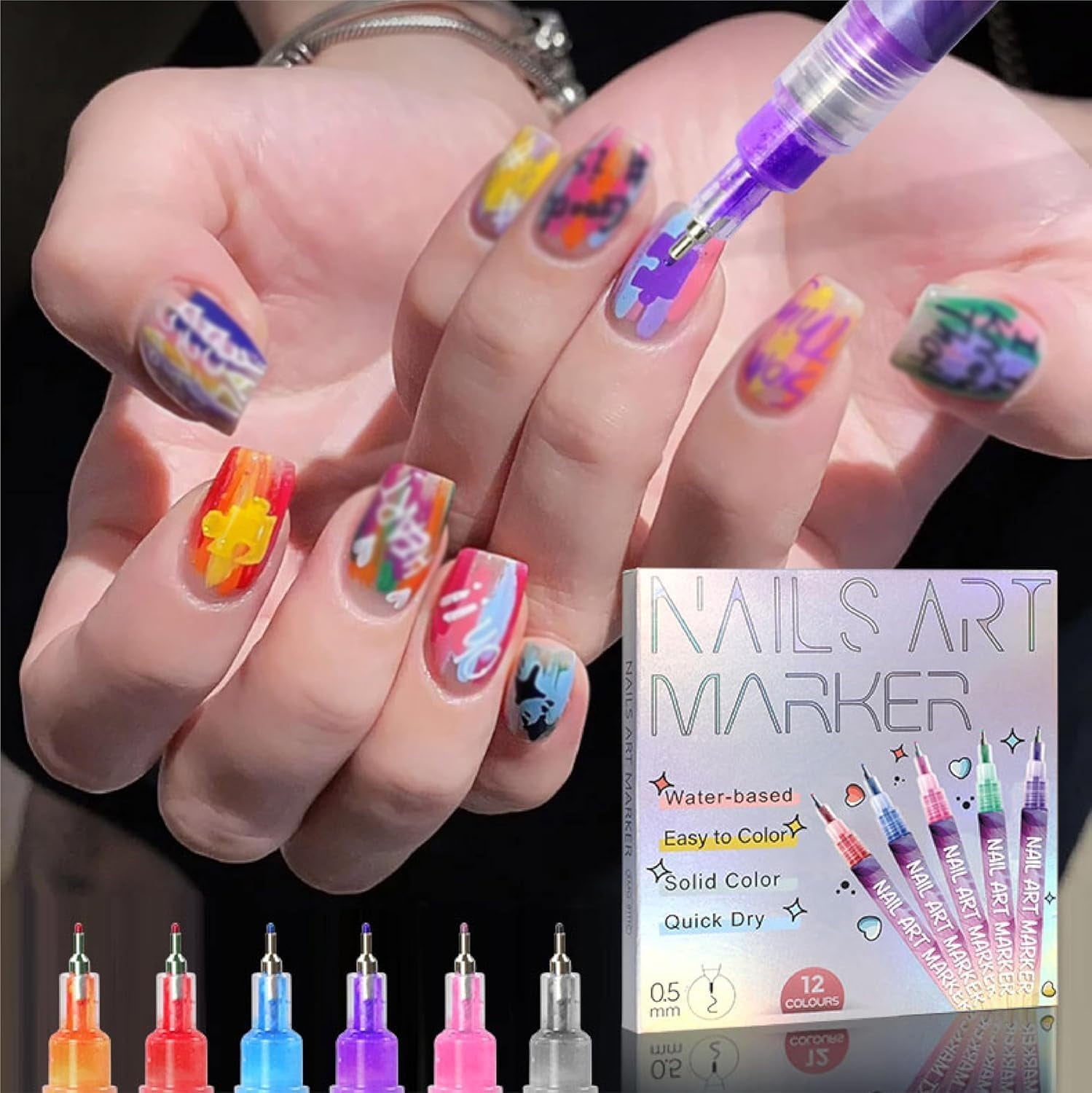 12 Colors Nail Art Pens Set, DIY Quick-Dry Graffiti Dotting Liner Pens, Nail Doodle Markers for Manicure, Fine-Tip Design Tools for Home &amp; Salon