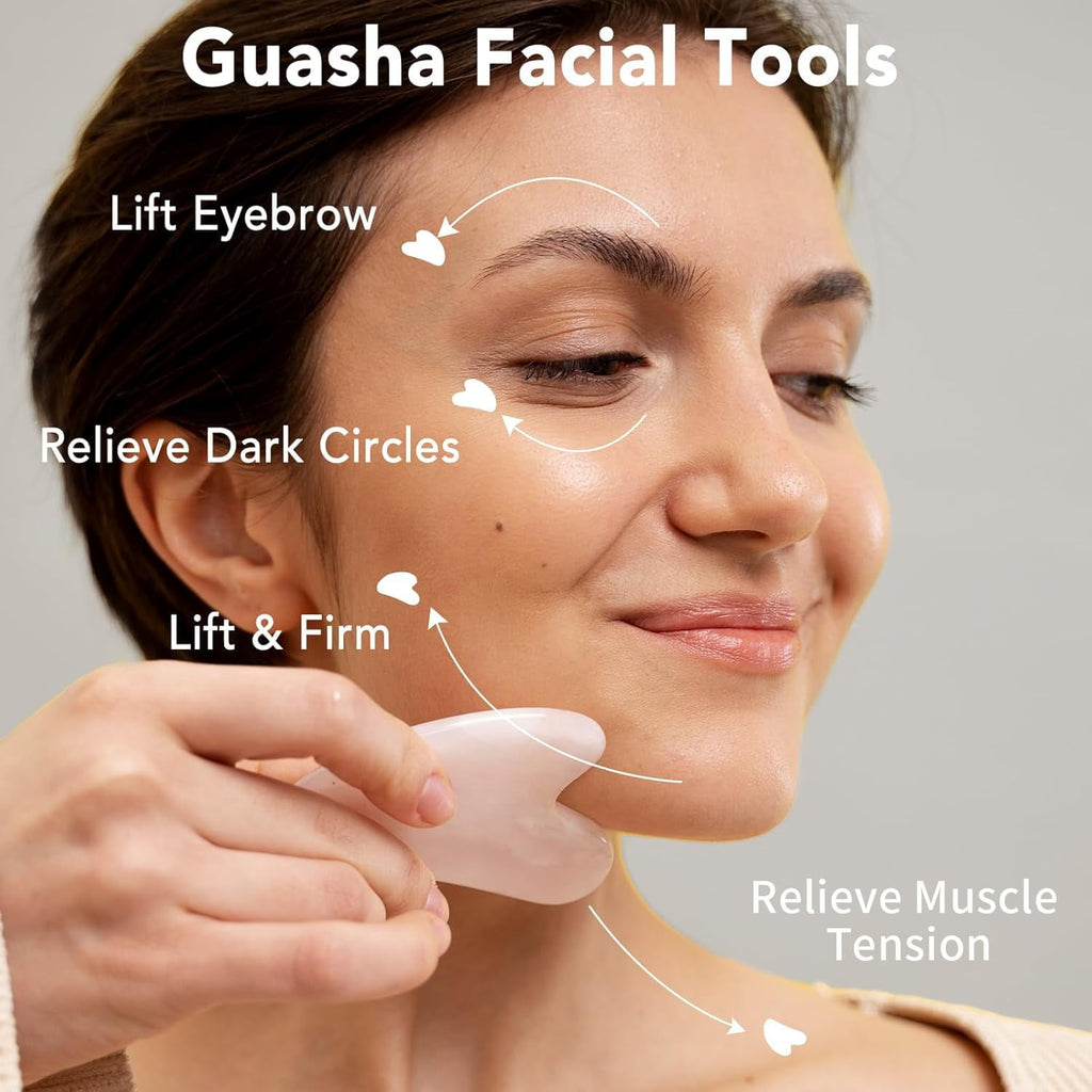CozyNestFinds Face Massager Rose Quartz Face Roller &amp; Gua Sha Facial Tool Set, Muscle Tension Relief, Skin Care Gifts for Woman/Men, Skin Care Gifts